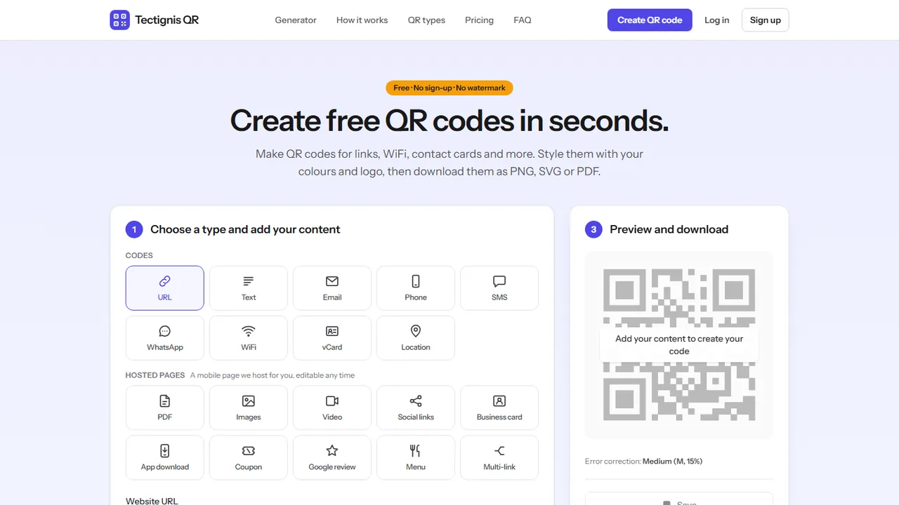 Tectignis QR generator with QR types and a live preview