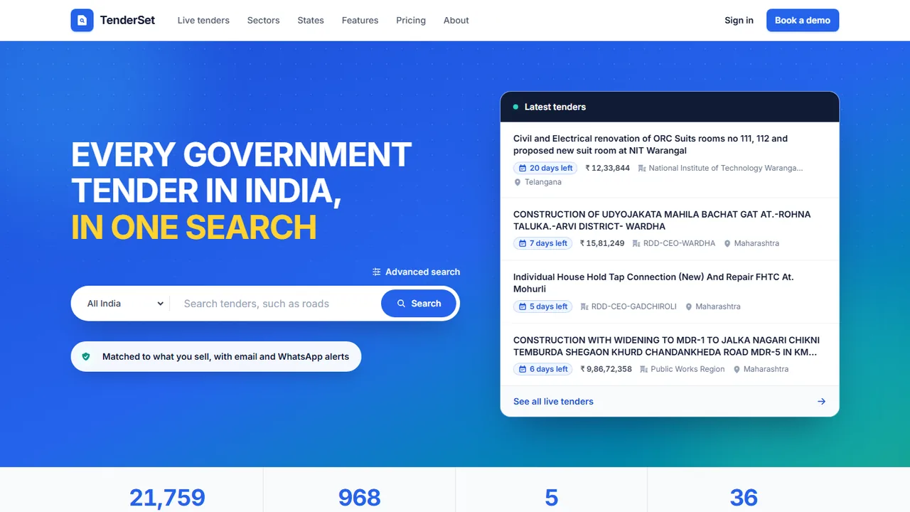 TenderSet home page with tender search and the latest government tenders